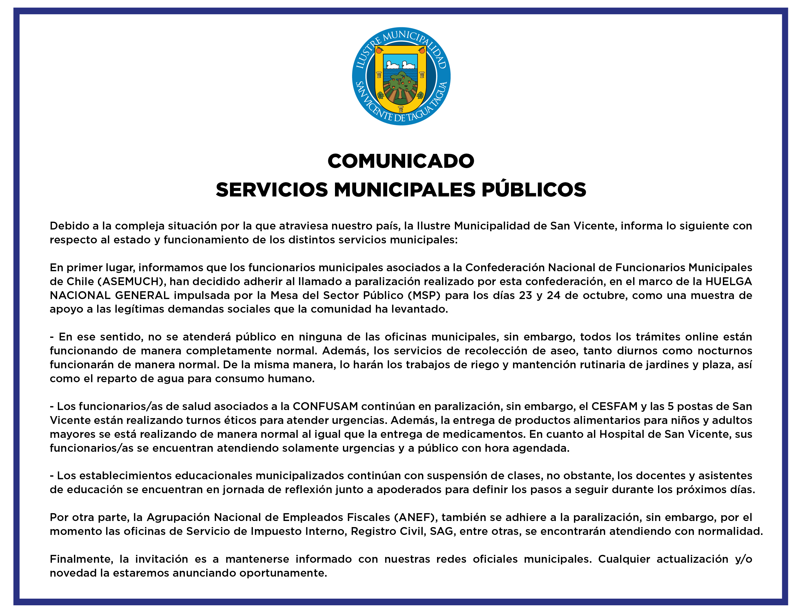 #AHORA | COMUNICADO SERVICIOS MUNICIPALES PÚBLICOS