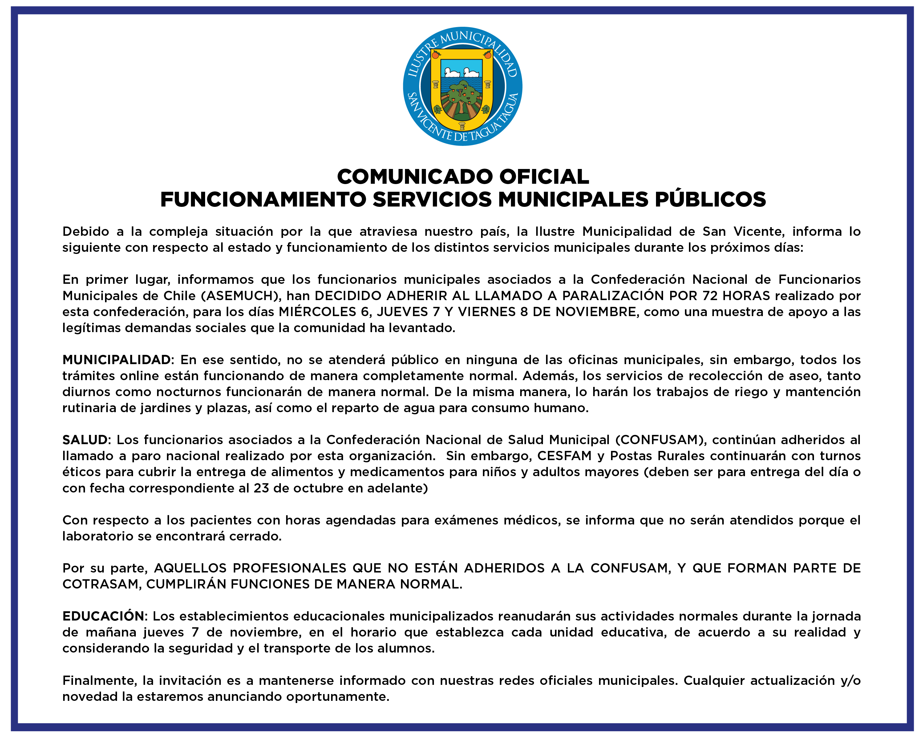 #AHORA | COMUNICADO OFICIAL FUNCIONAMIENTO SERVICIOS MUNICIPALES PÚBLICOS