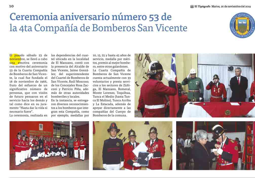 El Tipógrafo | CEREMONIA ANIVERSARIO NÚMERO 53 DE LA 4TA COMPAÑÍA DE BOMBEROS SAN VICENTE