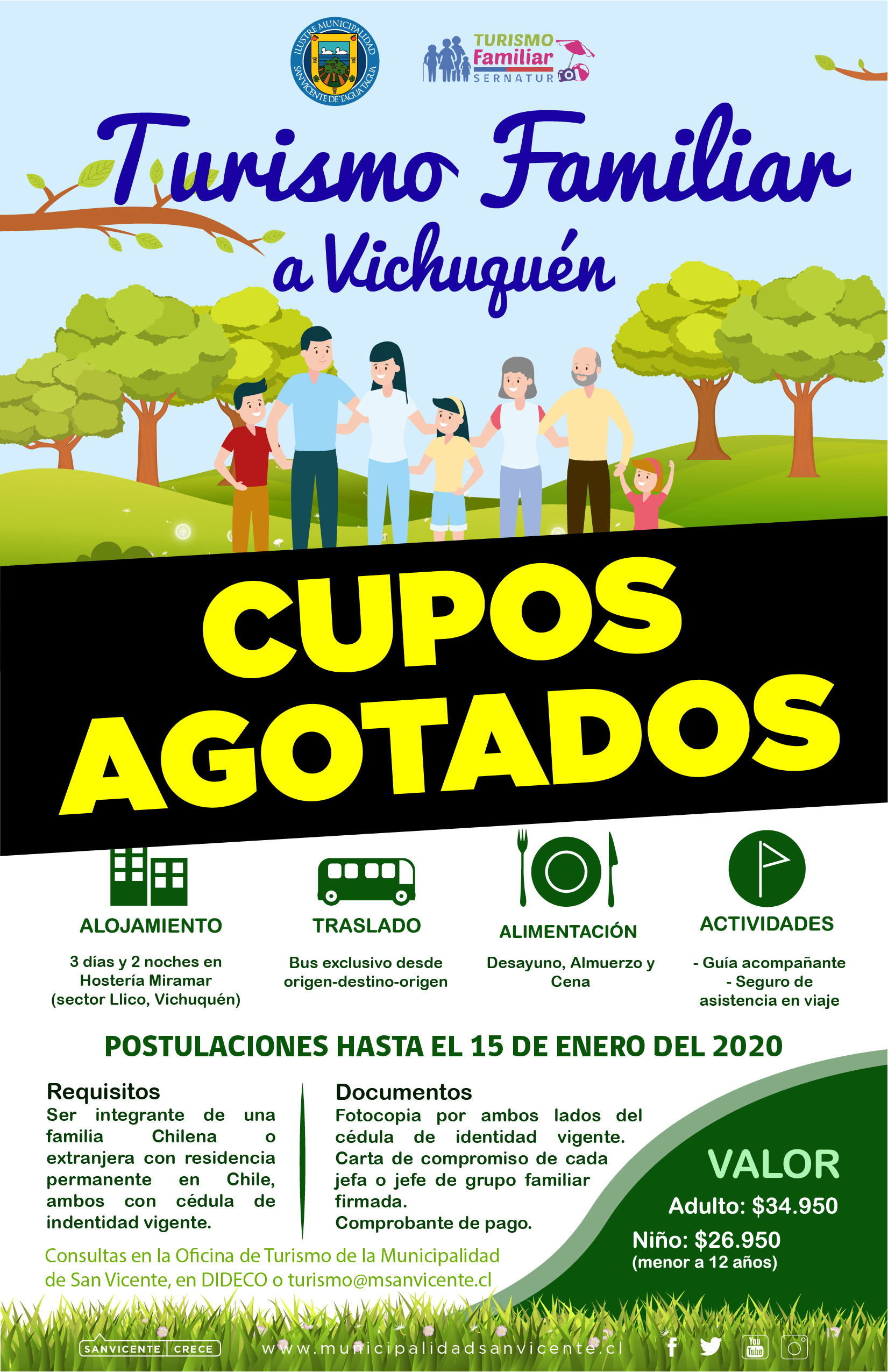 CUPOS AGOTADOS PROGRAMA TURISMO FAMILIAR VICHUQUÉN 2020