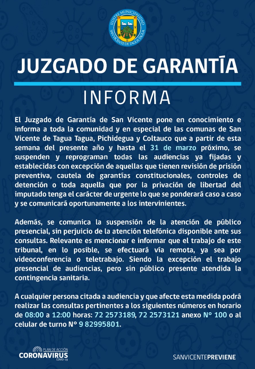 JUZGADO DE GARANTÍA DE SAN VICENTE INFORMA FUNCIONAMIENTO EN CONTINGENCIA DE CORONAVIRUS COVID-19