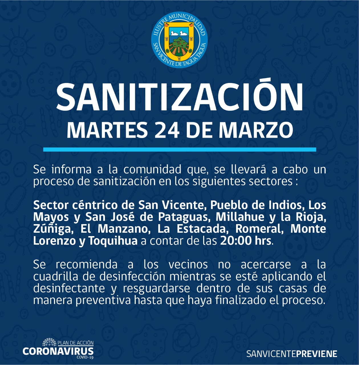 SE INFORMA SANITIZACIÓN PROGRAMADA PARA HOY MARTES 24 DE MARZO