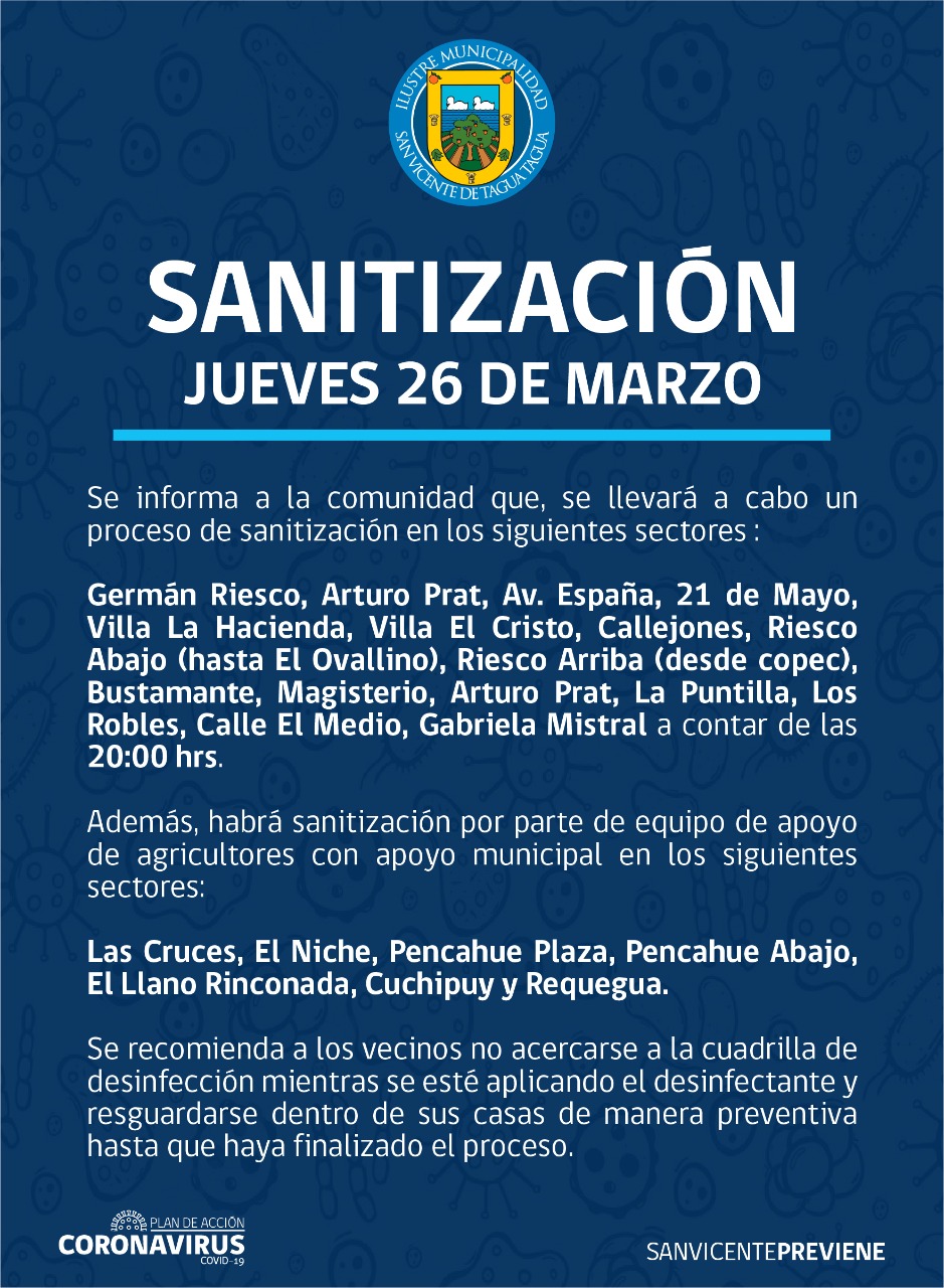 SE INFORMA SANITIZACIÓN PROGRAMADA PARA HOY JUEVES 26 DE MARZO