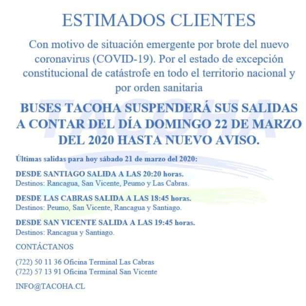 BUSES TACOHA INFORMA SUSPENSIÓN DE SUS SALIDAS A CONTAR DE MAÑANA DOMINGO 22 DE MARZO HASTA NUEVO AVISO