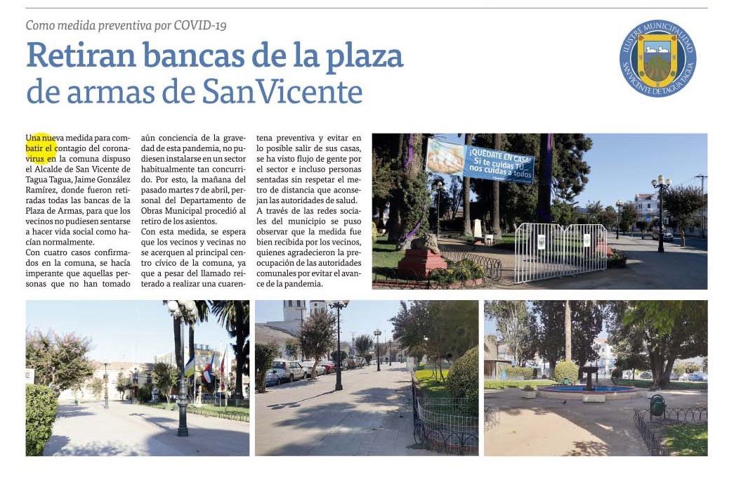 #ELTIPÓGRAFO | COMO MEDIDA PREVENTIVA POR COVID-19: RETIRAN BANCAS DE LA PLAZA DE ARMAS DE SAN VICENTE