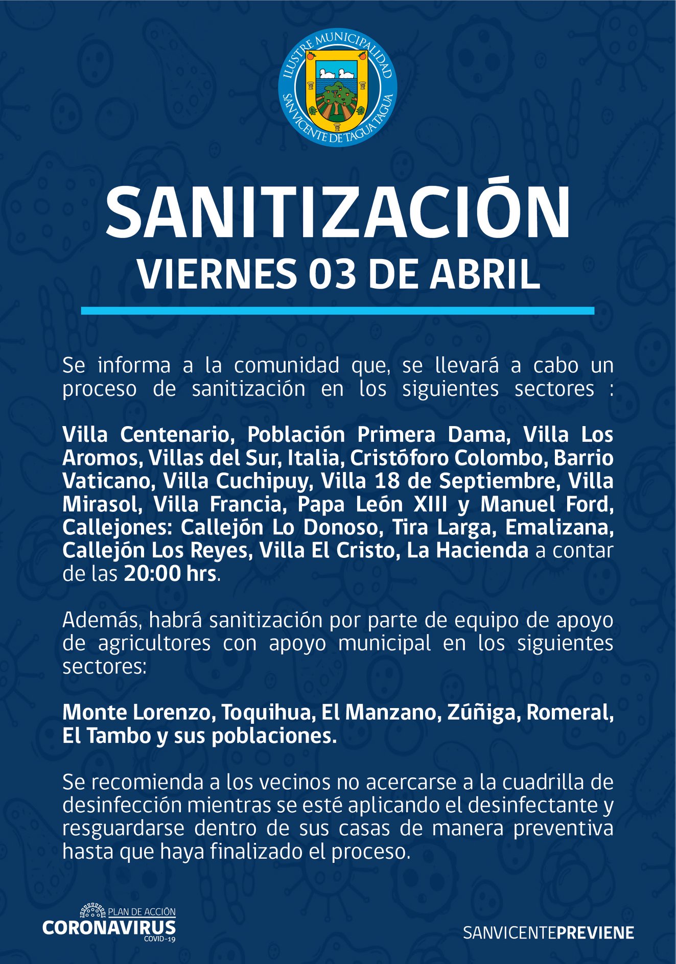 SE INFORMA SANITIZACIÓN PROGRAMADA PARA HOY VIERNES 3 DE ABRIL