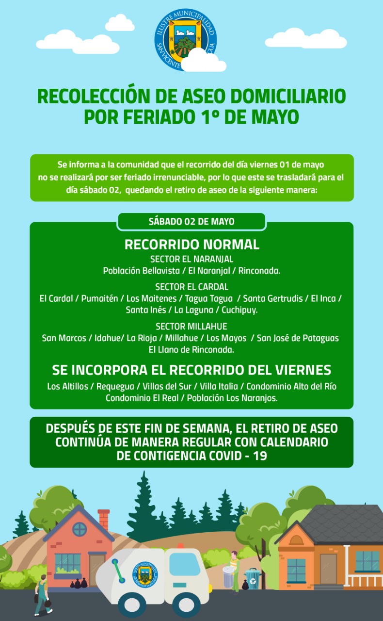 RECOLECCIÓN DE ASEO DOMICILIARIO FERIADO 01 DE MAYO