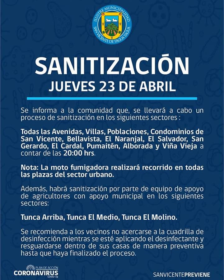 SE INFORMA SANITIZACIÓN PROGRAMADA PARA HOY JUEVES 23 DE ABRIL