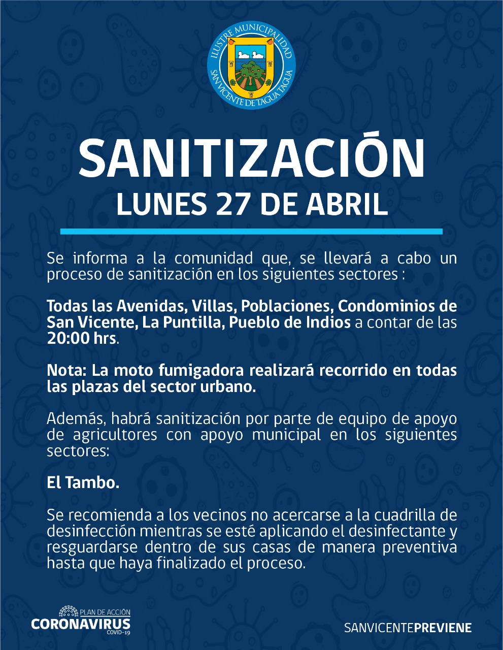 SE INFORMA SANITIZACIÓN PROGRAMADA PARA HOY LUNES 27 DE ABRIL