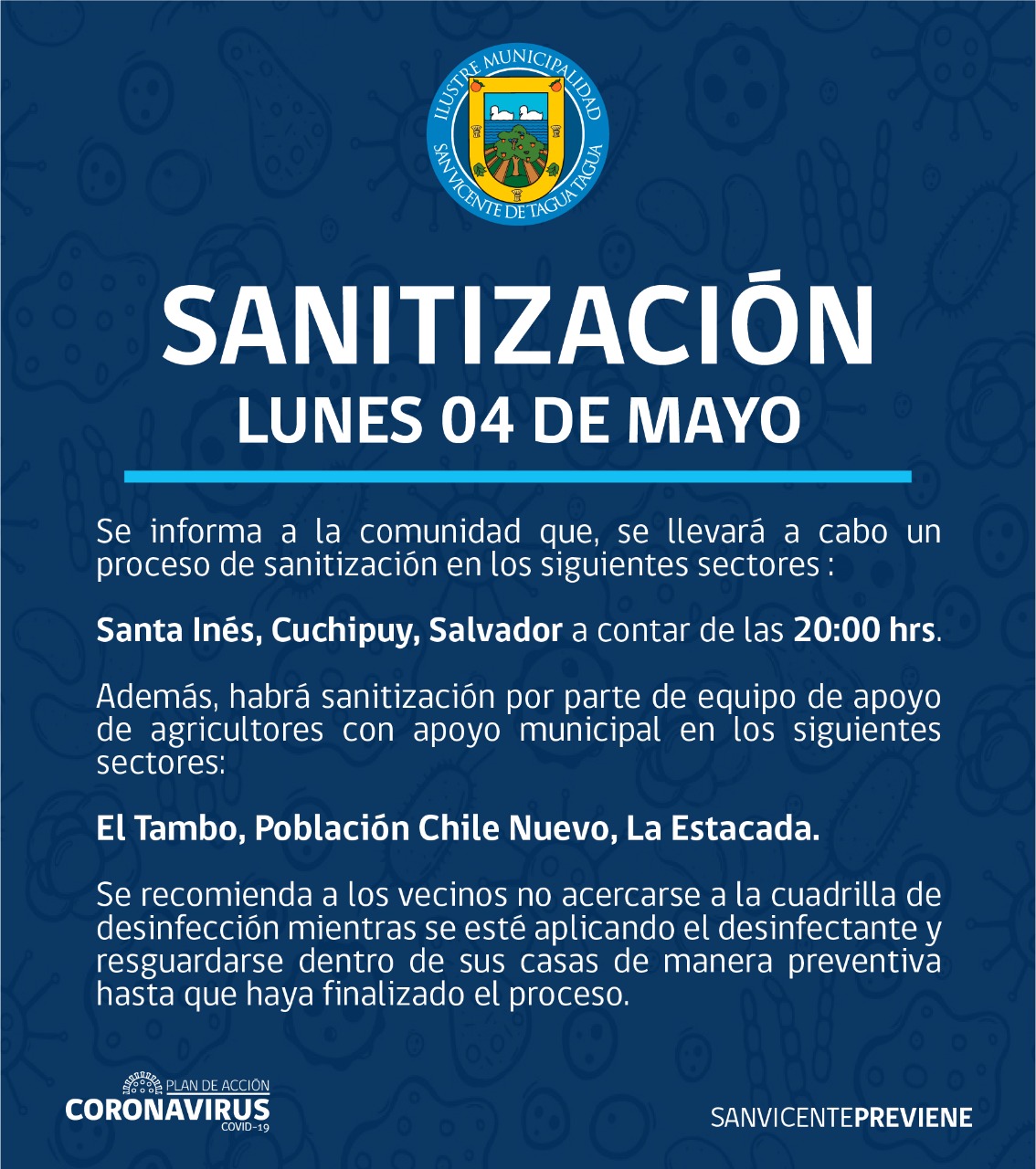 SE INFORMA SANITIZACIÓN PROGRAMADA PARA HOY LUNES 4 DE MAYO